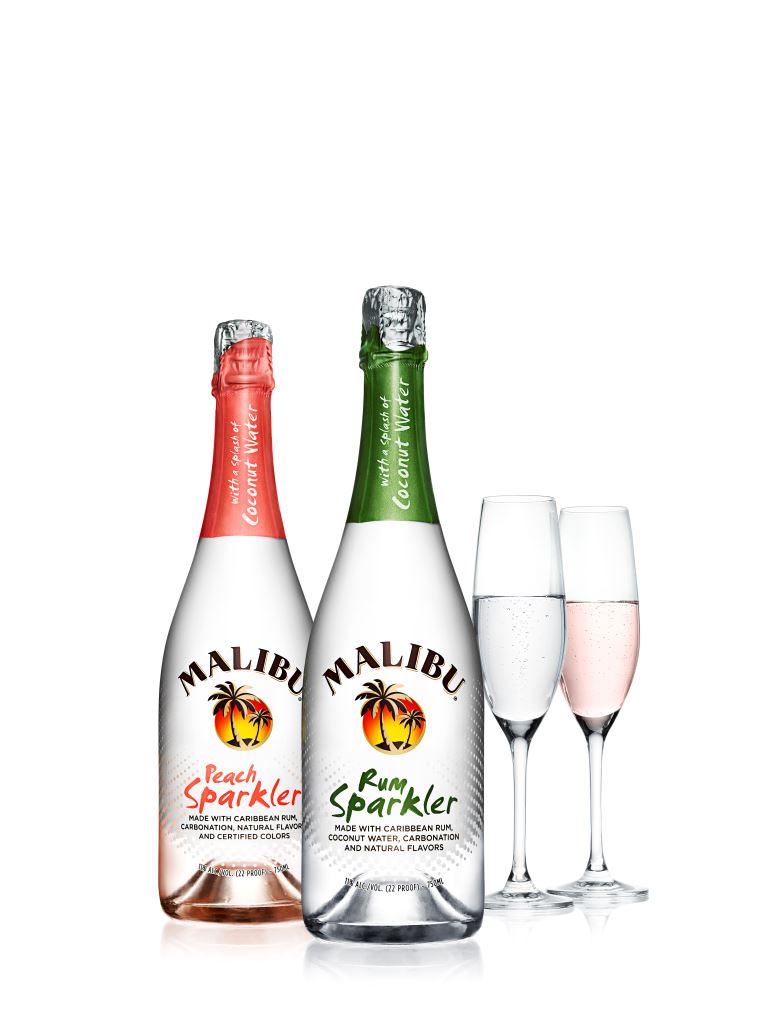Malibu Rum and Peach Sparkler Bottles with Champagne Glasses White Back